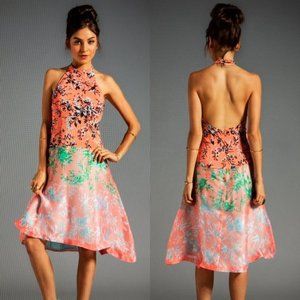 Nanette Lepore Size 8 Revolve Runway Sound Art Silk Dress in Coral Halter Flare